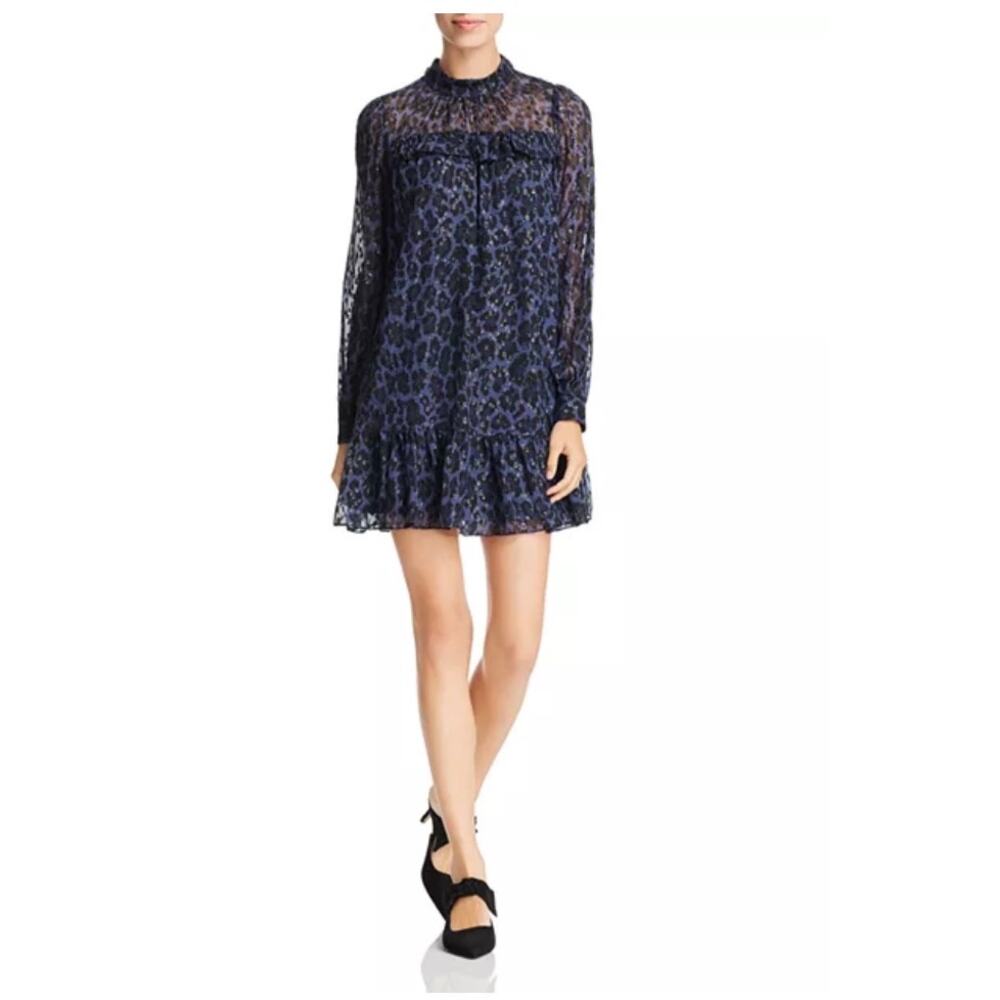 Kate Spade Silk Metallic Clip Dot Leopard Print Mini Dress Tie Neck XL